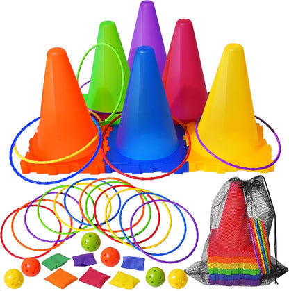 3 in 1 Bean Bags for Tossing, Throwing Ball Game, Cones Ring Toss - Outdoor Toys for Toddlers, Obstacle Course Game, Carnival Games, Backyard Games for Kids, Gift Kids Age 3 4 5 6 7