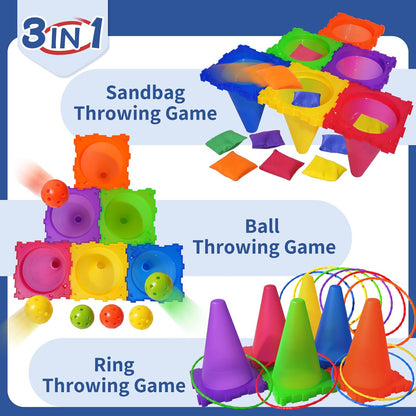 3 in 1 Bean Bags for Tossing, Throwing Ball Game, Cones Ring Toss - Outdoor Toys for Toddlers, Obstacle Course Game, Carnival Games, Backyard Games for Kids, Gift Kids Age 3 4 5 6 7