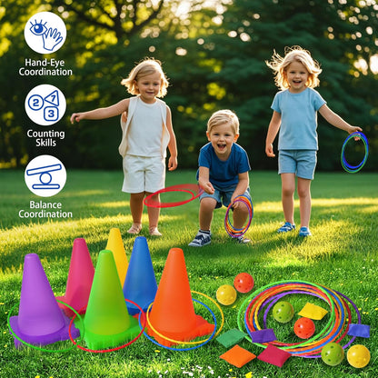 3 in 1 Bean Bags for Tossing, Throwing Ball Game, Cones Ring Toss - Outdoor Toys for Toddlers, Obstacle Course Game, Carnival Games, Backyard Games for Kids, Gift Kids Age 3 4 5 6 7